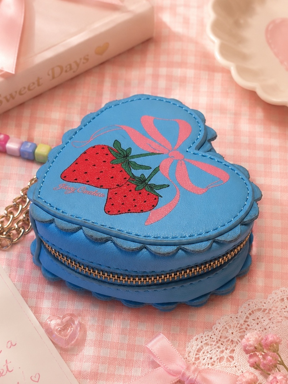 Juicy Couture Blue Heart Strawberry Coin Purse Keychain Charm Wallet - Picture 2 of 5